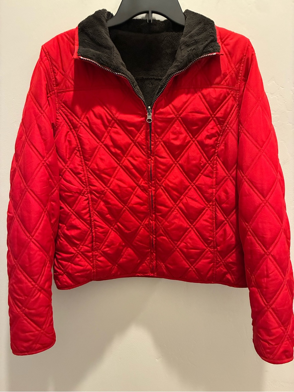 Red Quilted Jacket with Black Fleece Lining, reversible